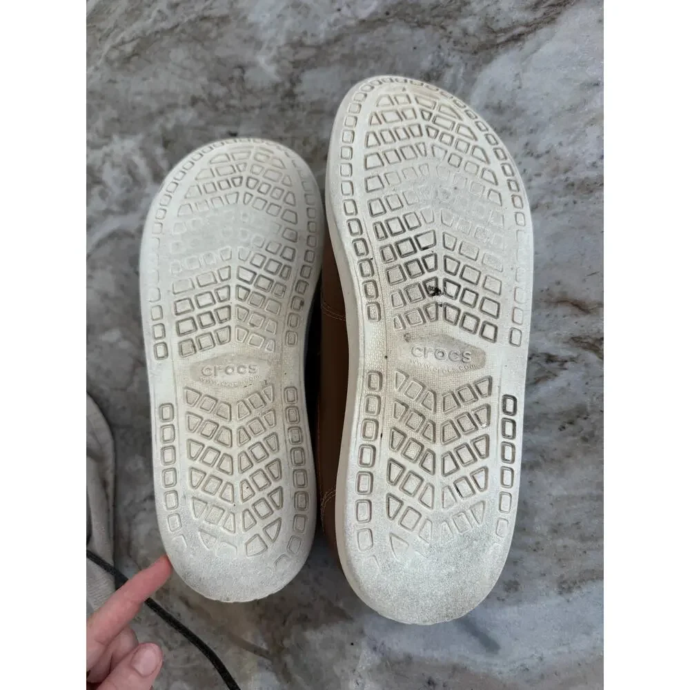 Crocs Men’s 11 Brown Lace Up Sneakers Leather Look White Sole 203563